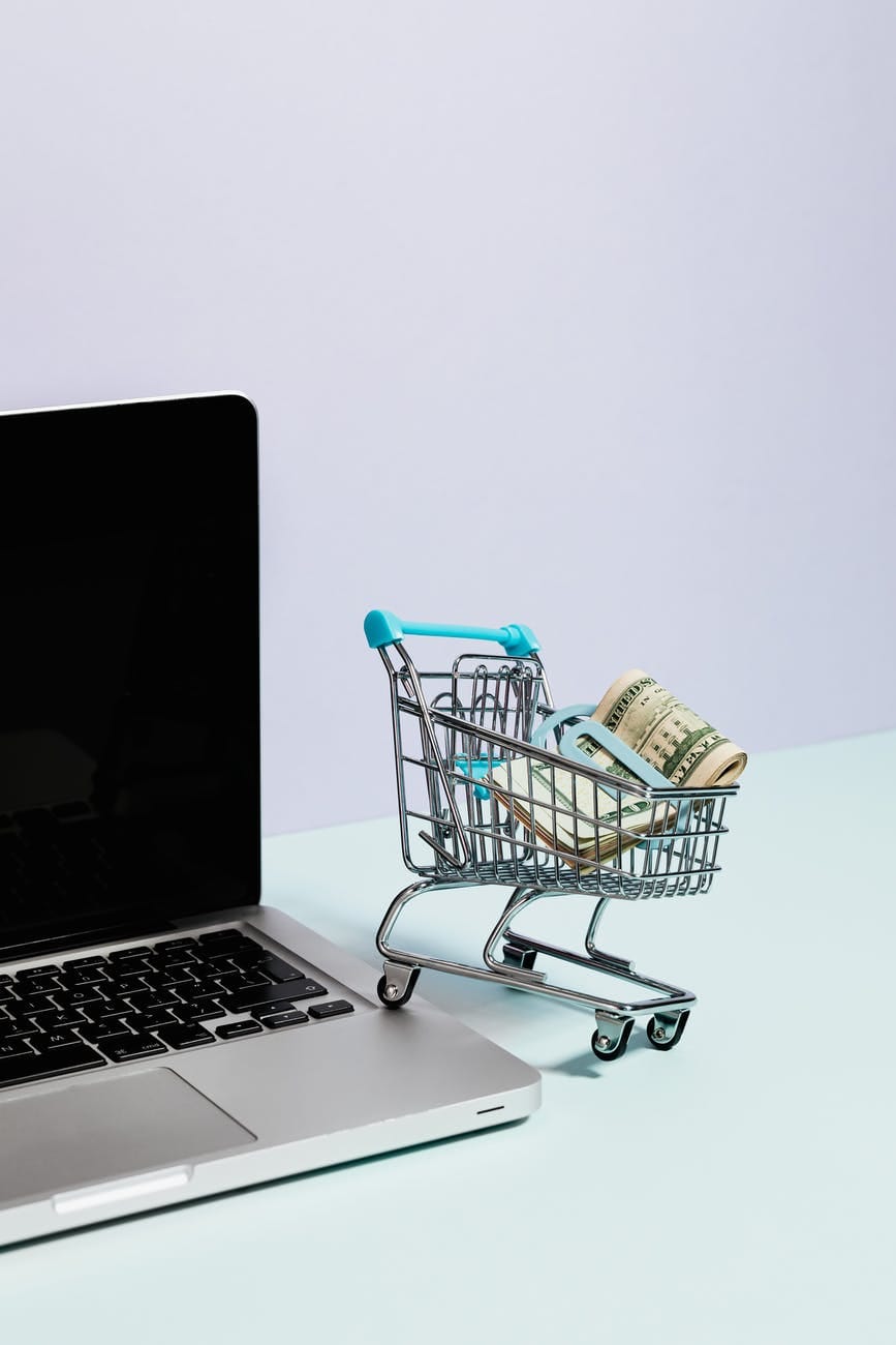 shopping cart with money on top of a laptop