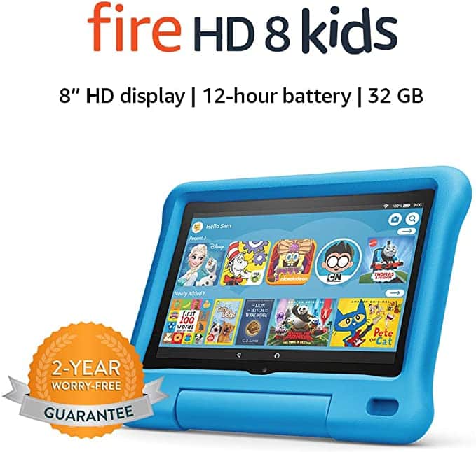 Fire HD 8 Kids Tablet, 8" HD display, ages 3-7, 32 GB, Blue Kid-Proof Case. 