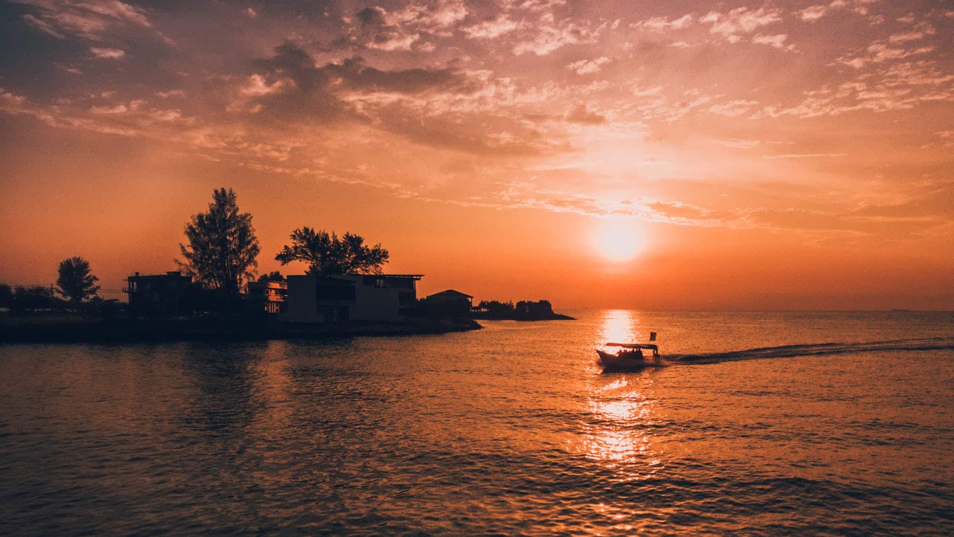 silhouette of house and trees by water during golden hour