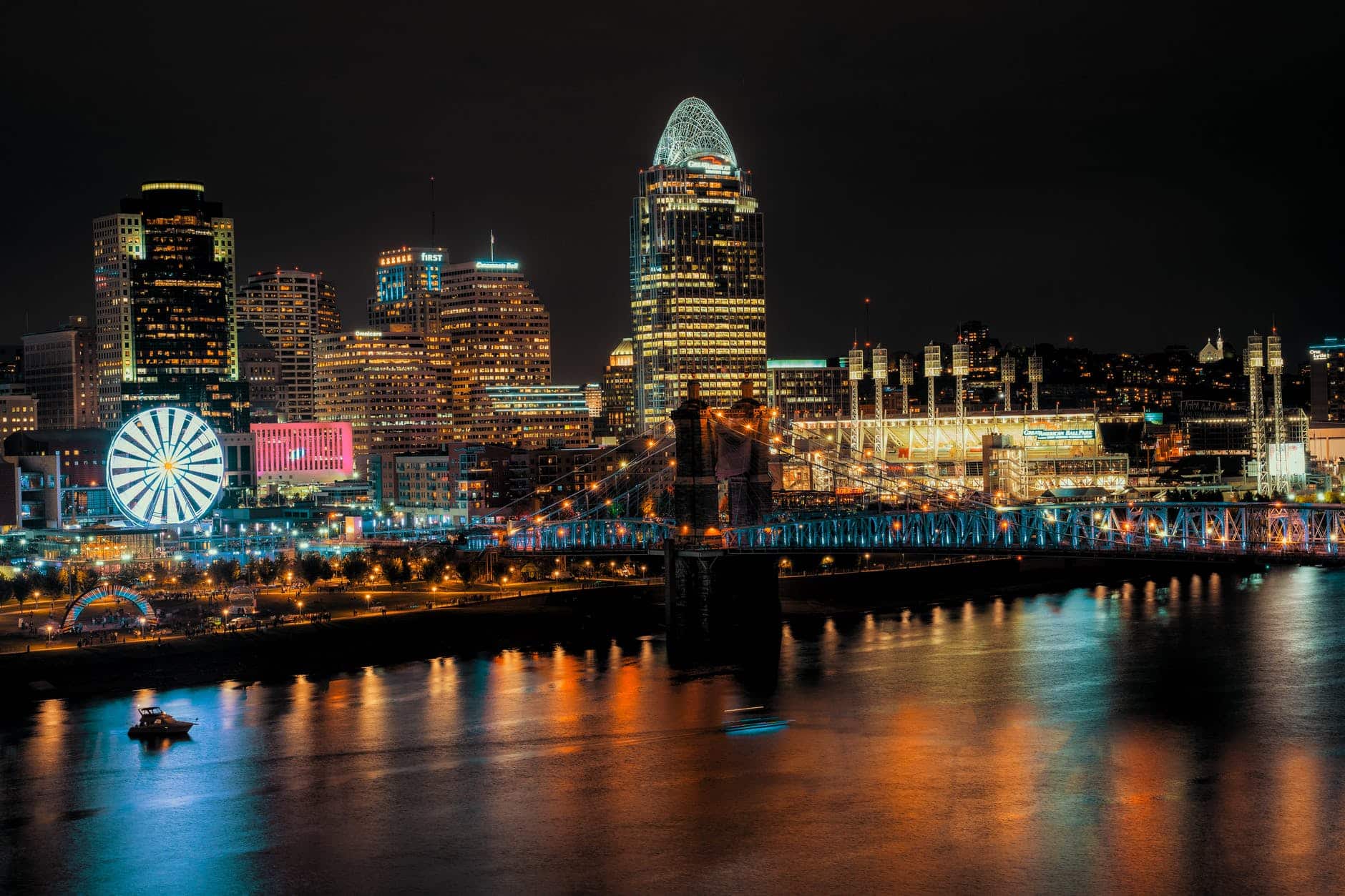 glowing city embankment with amusement park in nighttime