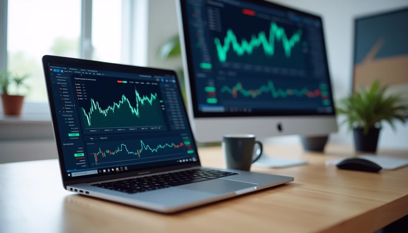 Computer showing Webull on a office table.